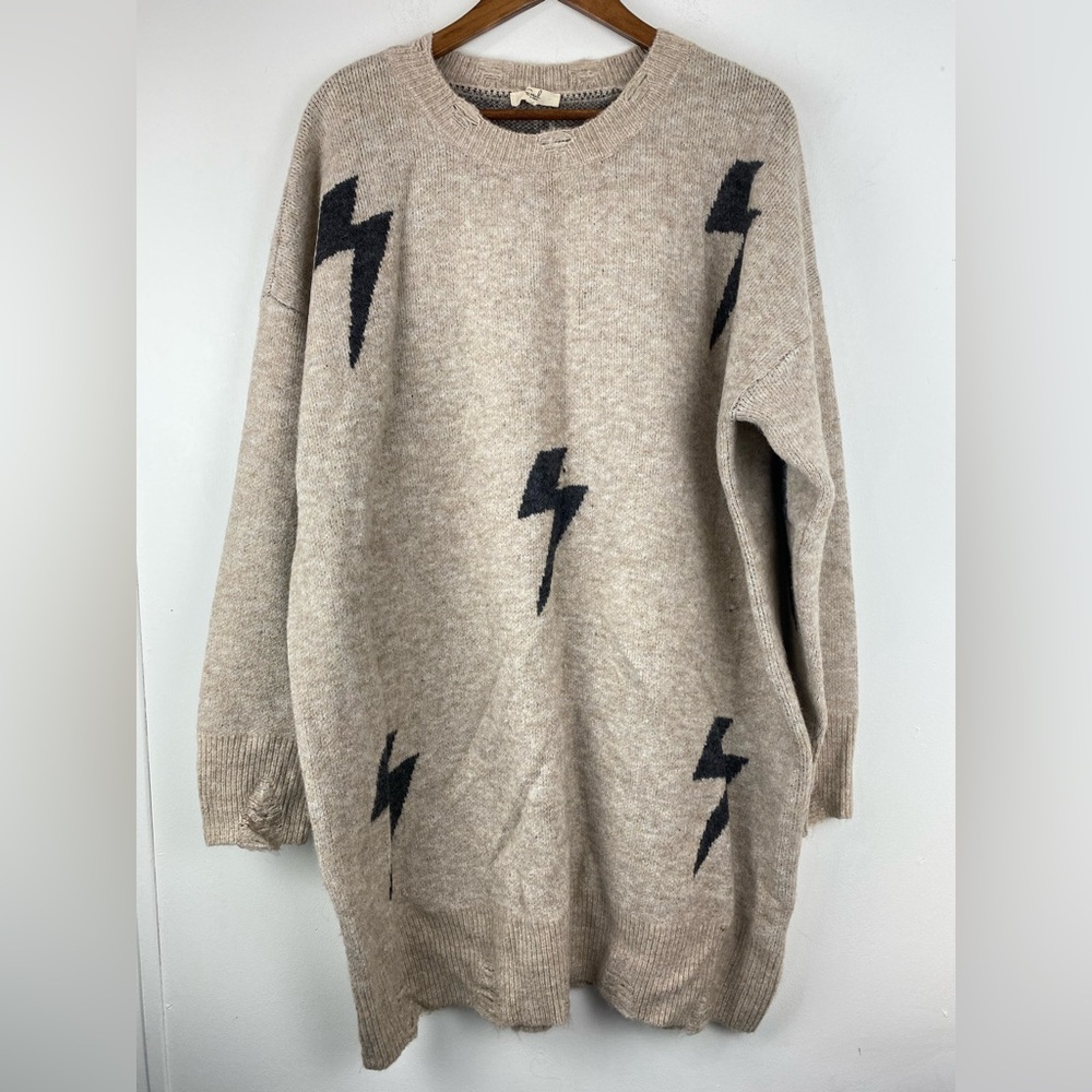 Easel size Large Women’s Tan Black Lightning Bolt Distressed Sweater Dress Tunic